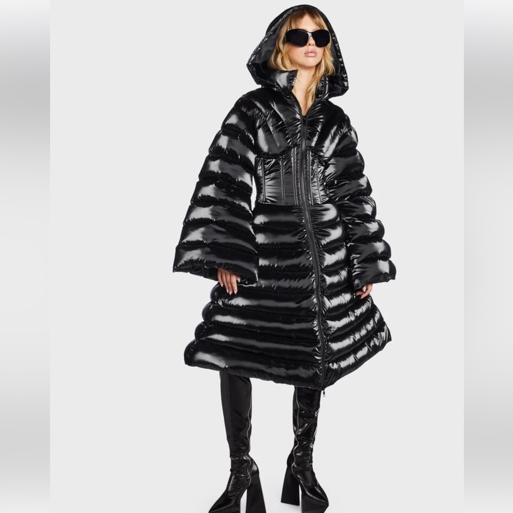 Dolls Kill poster Girl Shiny Black Puffer Jacket